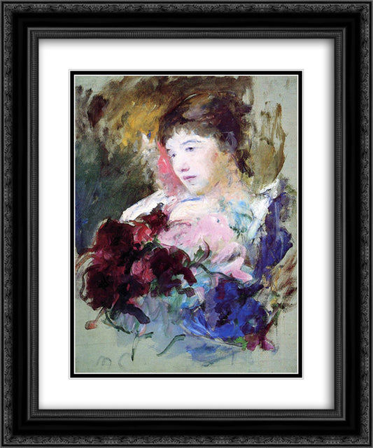 Young Girl Holding a Loose Bouquet 20x24 Black Ornate Wood Framed Art Print Poster with Double Matting by Cassatt, Mary