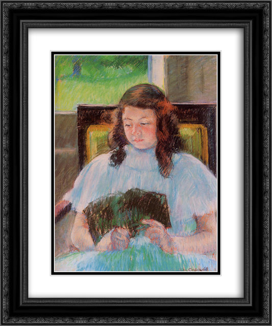 Young Girl Reading 20x24 Black Ornate Wood Framed Art Print Poster with Double Matting by Cassatt, Mary