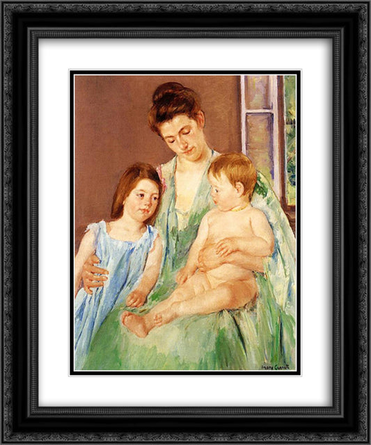 Young Mother and Two Children 20x24 Black Ornate Wood Framed Art Print Poster with Double Matting by Cassatt, Mary