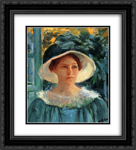 Young Woman In Green Outdoors In The Sun 20x22 Black Ornate Wood Framed Art Print Poster with Double Matting by Cassatt, Mary