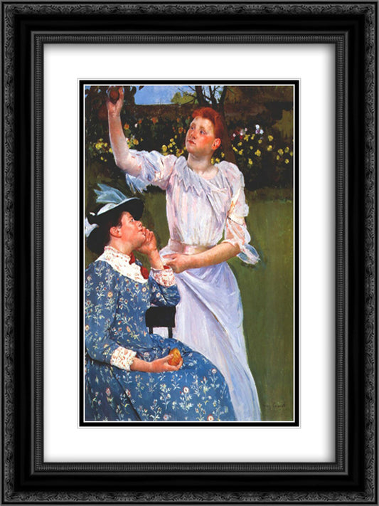 Young Woman Picking Fruit 18x24 Black Ornate Wood Framed Art Print Poster with Double Matting by Cassatt, Mary