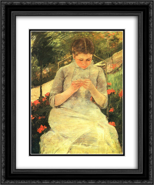 Young Woman Sewing in the garden 20x24 Black Ornate Wood Framed Art Print Poster with Double Matting by Cassatt, Mary