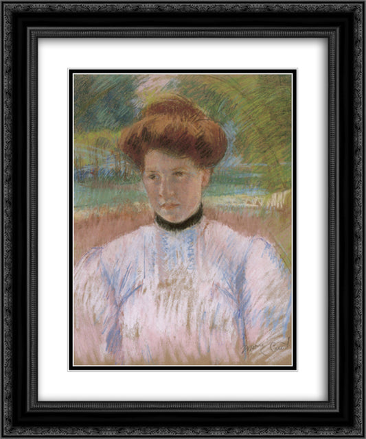 Young Woman with Auburn Hair in a Pink Blouse 20x24 Black Ornate Wood Framed Art Print Poster with Double Matting by Cassatt, Mary