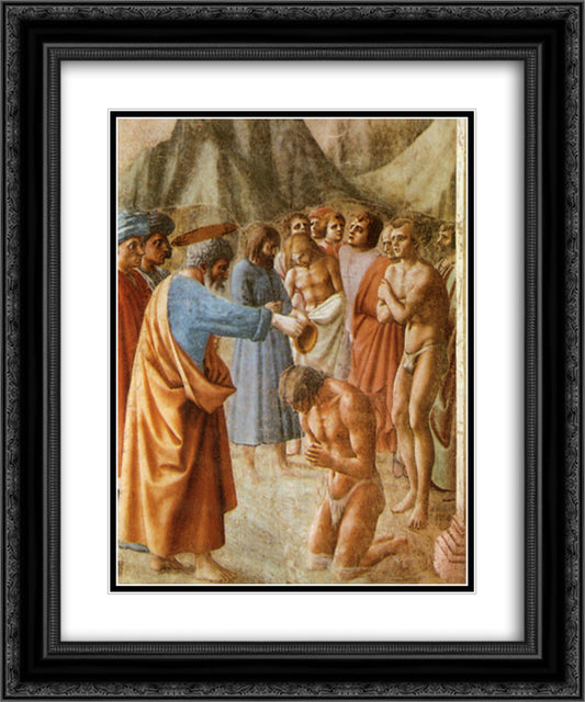 Baptism of the Neophytes 20x24 Black Ornate Wood Framed Art Print Poster with Double Matting by Masaccio