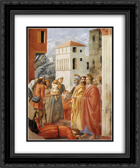 Distribution of Alms and Death of Ananias 20x24 Black Ornate Wood Framed Art Print Poster with Double Matting by Masaccio