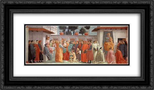 Raising of the Son of Teophilus and St.Peter Enthroned 24x14 Black Ornate Wood Framed Art Print Poster with Double Matting by Masaccio