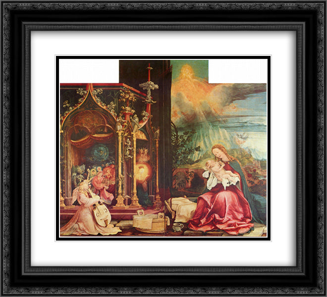 Nativity and Concert of Angels from the Isenheim Altarpiece (central panel) 22x20 Black Ornate Wood Framed Art Print Poster with Double Matting by Grunewald, Matthias