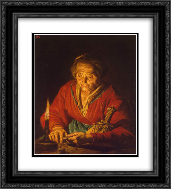 Old Woman with a Candle 20x22 Black Ornate Wood Framed Art Print Poster with Double Matting by Stom, Matthias