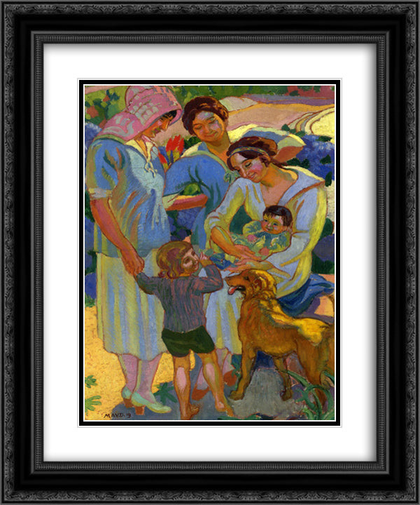 Around a Child with Dog 20x24 Black Ornate Wood Framed Art Print Poster with Double Matting by Denis, Maurice