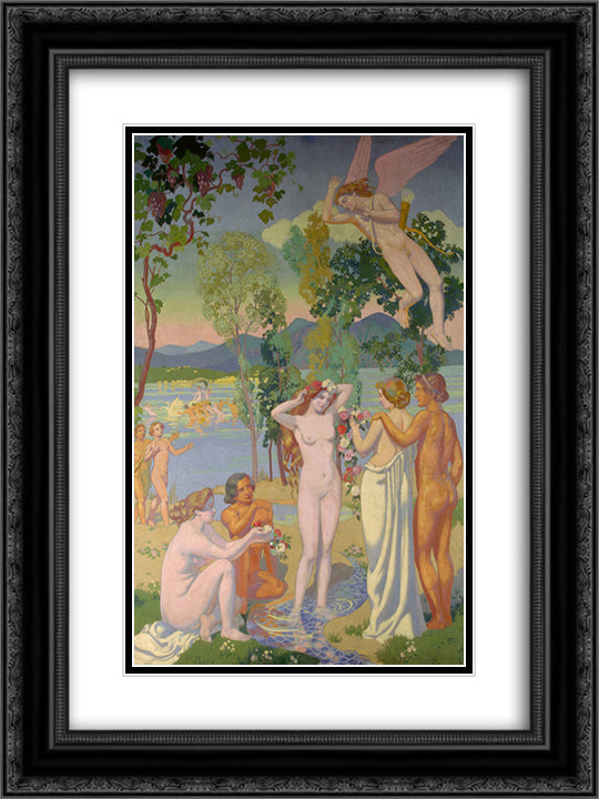 Panel 1. Eros is Struck by Psyche's Beauty 18x24 Black Ornate Wood Framed Art Print Poster with Double Matting by Denis, Maurice