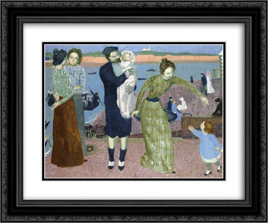 Parisians at the Seaside, Evening 24x20 Black Ornate Wood Framed Art Print Poster with Double Matting by Denis, Maurice