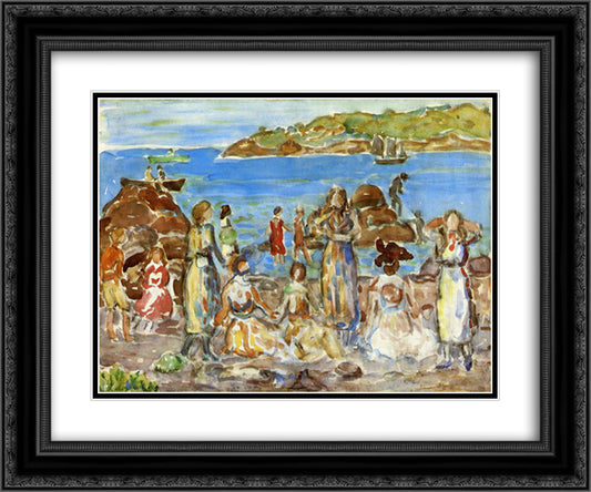 Beach Scene, New England 24x20 Black Ornate Wood Framed Art Print Poster with Double Matting by Prendergast, Maurice