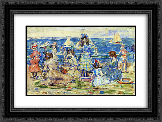 Beach Scene with Boats 24x18 Black Ornate Wood Framed Art Print Poster with Double Matting by Prendergast, Maurice