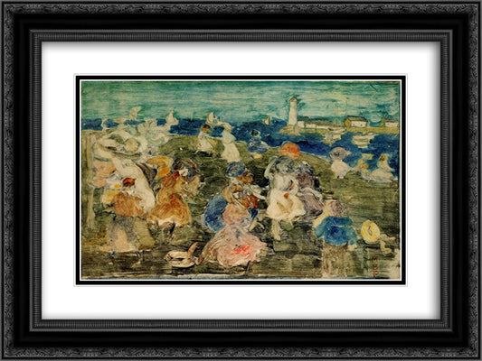 Beach Scene with Lighthouse (also known as Children at the Seashore) 24x18 Black Ornate Wood Framed Art Print Poster with Double Matting by Prendergast, Maurice