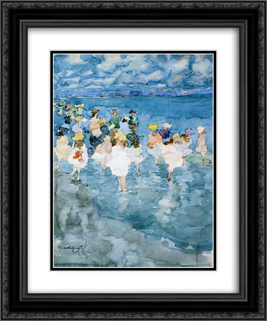 Children at the Beach 20x24 Black Ornate Wood Framed Art Print Poster with Double Matting by Prendergast, Maurice