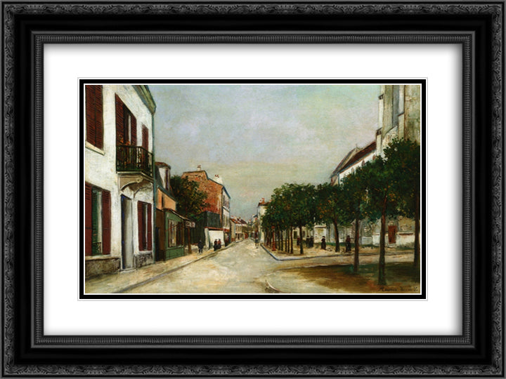 Moutier street and square de la Mairie 24x18 Black Ornate Wood Framed Art Print Poster with Double Matting by Utrillo, Maurice