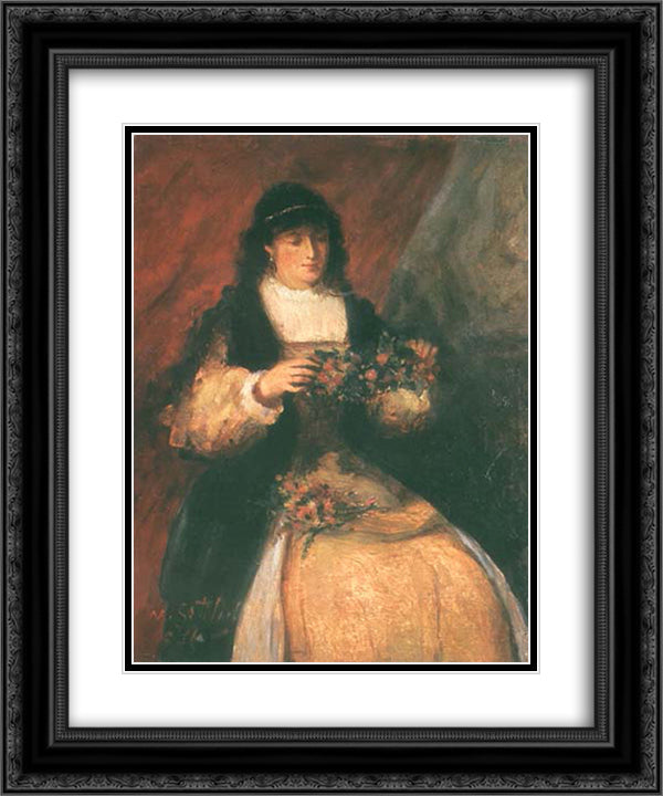 Girl with Flowers 20x24 Black Ornate Wood Framed Art Print Poster with Double Matting by Gottlieb, Maurycy