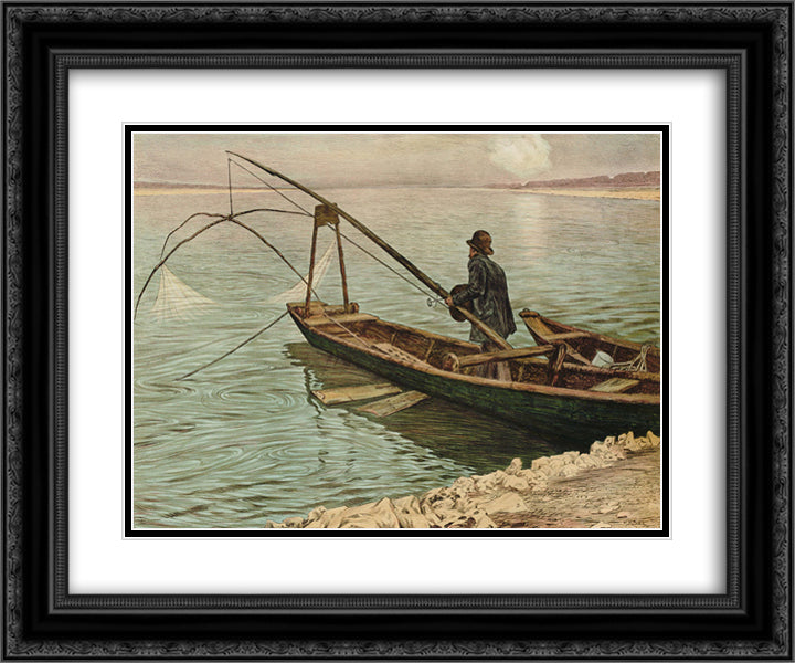 The fisherman 24x20 Black Ornate Wood Framed Art Print Poster with Double Matting by Kurzweil, Max