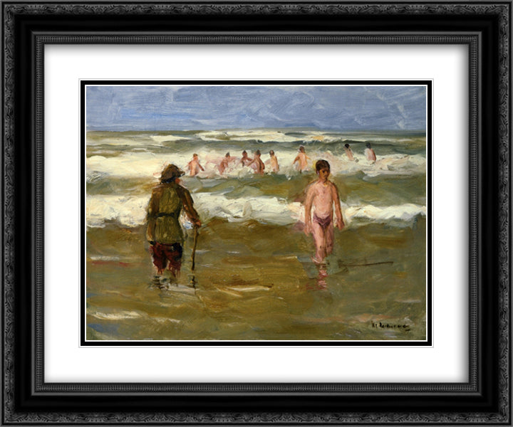 Boys Bathing with Beach Warden 24x20 Black Ornate Wood Framed Art Print Poster with Double Matting by Liebermann, Max