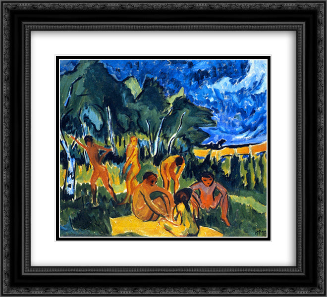 Badende in Moritzburg 22x20 Black Ornate Wood Framed Art Print Poster with Double Matting by Pechstein, Max