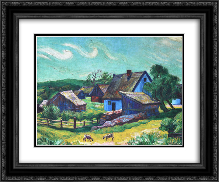 Farmhouses in the Morning 24x20 Black Ornate Wood Framed Art Print Poster with Double Matting by Pechstein, Max
