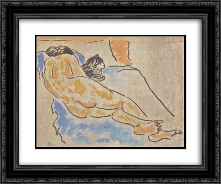 Liegender weiblicher Akt mit Katze 24x20 Black Ornate Wood Framed Art Print Poster with Double Matting by Pechstein, Max