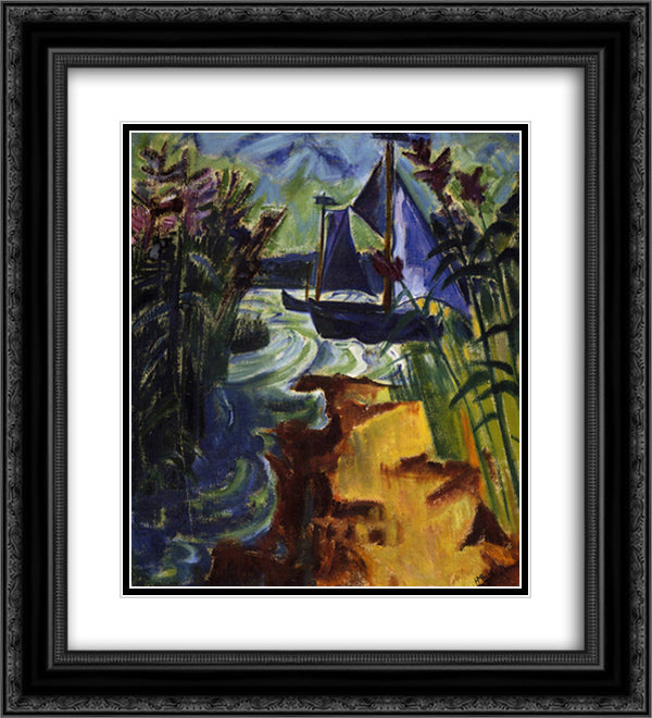 Segelboote am Schilfstrand 20x22 Black Ornate Wood Framed Art Print Poster with Double Matting by Pechstein, Max