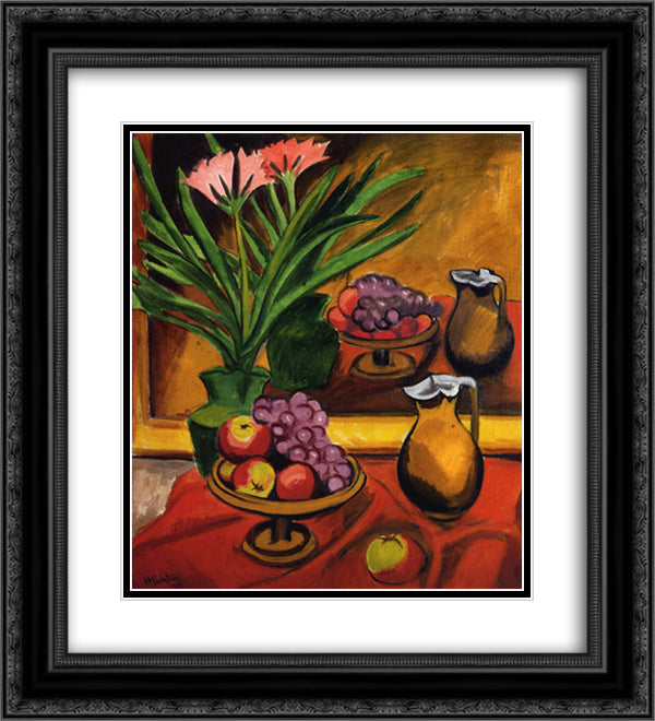 Still Life with Mirror Clivia, Fruit and Jug 20x22 Black Ornate Wood Framed Art Print Poster with Double Matting by Pechstein, Max