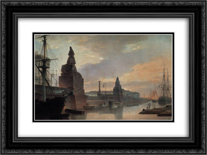 Sphinxes lining a quay in front of St. Petersburg Academy of Arts 24x18 Black Ornate Wood Framed Art Print Poster with Double Matting by Vorobiev, Maxim