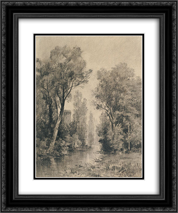Castle Overlooking a River 20x24 Black Ornate Wood Framed Art Print Poster with Double Matting by Lalanne, Maxime