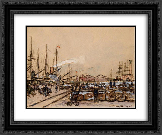 Quayside in Le Havre 24x20 Black Ornate Wood Framed Art Print Poster with Double Matting by Maufra, Maxime