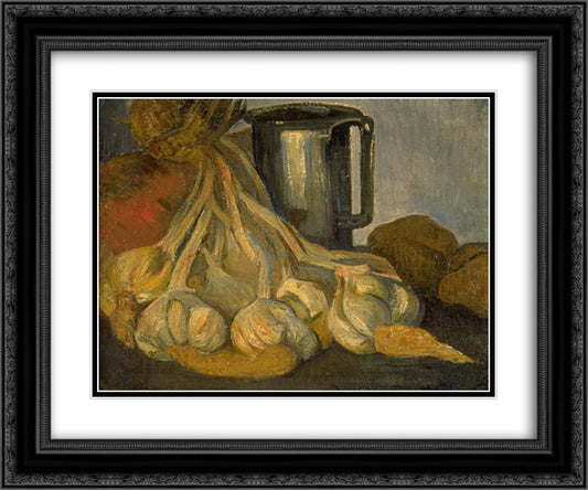 A Bunch of Garlic and a Pewter Tankard 24x20 Black Ornate Wood Framed Art Print Poster with Double Matting by Haan, Meijer de