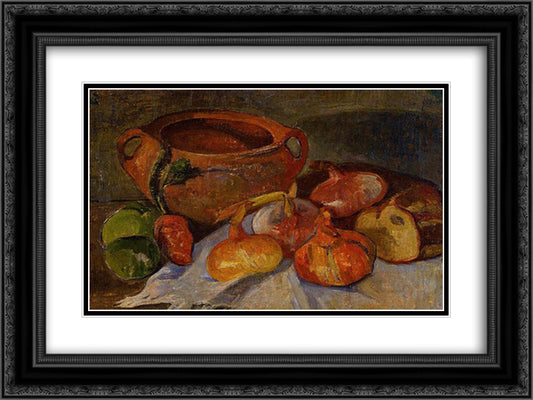 Still Life Pit, Onions, Bread and Green Apples 24x18 Black Ornate Wood Framed Art Print Poster with Double Matting by Haan, Meijer de