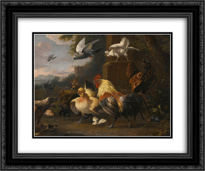 An Eagle, a Cockerell, Hens, a Pigeon in Flight and Other Birds 24x20 Black Ornate Wood Framed Art Print Poster with Double Matting by Hondecoeter, Melchior de