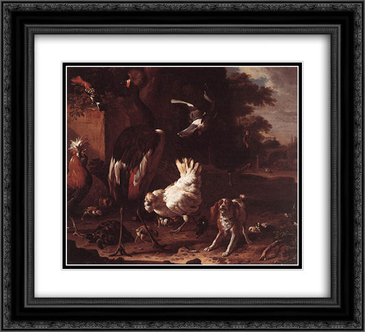 Birds and a Spaniel in a Garden 22x20 Black Ornate Wood Framed Art Print Poster with Double Matting by Hondecoeter, Melchior de