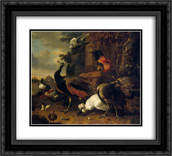 Birds in a Park 22x20 Black Ornate Wood Framed Art Print Poster with Double Matting by Hondecoeter, Melchior de