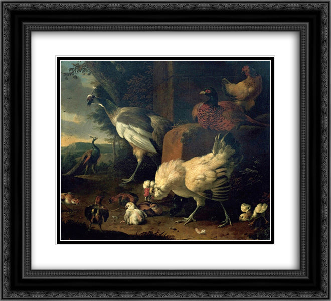 Domestic fowl with a pheasant and peacocks 22x20 Black Ornate Wood Framed Art Print Poster with Double Matting by Hondecoeter, Melchior de