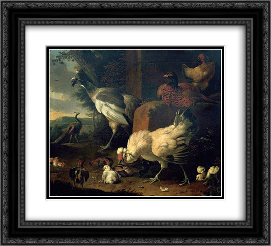 Domestic fowl with a pheasant and peacocks 22x20 Black Ornate Wood Framed Art Print Poster with Double Matting by Hondecoeter, Melchior de