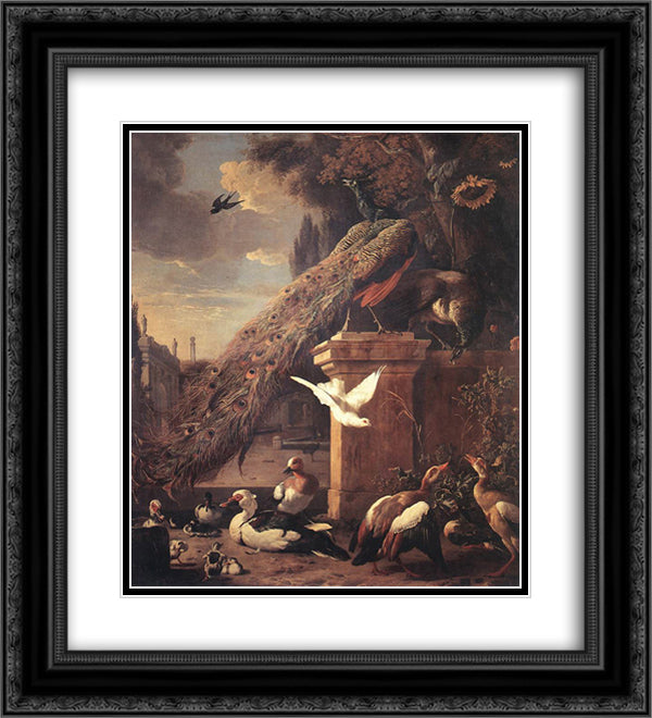 Peacocks and Ducks 20x22 Black Ornate Wood Framed Art Print Poster with Double Matting by Hondecoeter, Melchior de