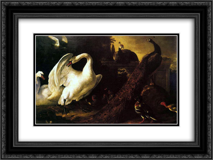 Swans and peacocks 24x18 Black Ornate Wood Framed Art Print Poster with Double Matting by Hondecoeter, Melchior de