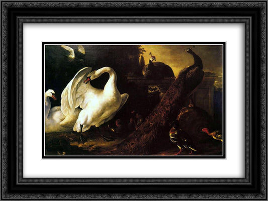 Swans and peacocks 24x18 Black Ornate Wood Framed Art Print Poster with Double Matting by Hondecoeter, Melchior de