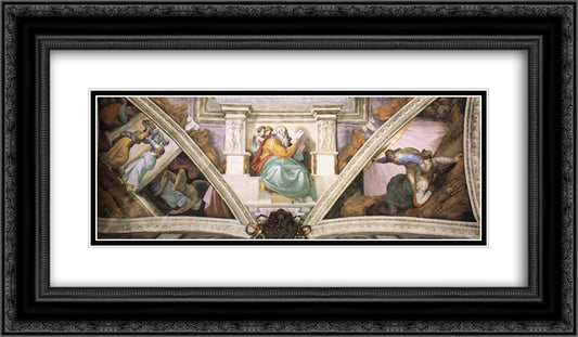 Frescoes above the entrance wall 24x14 Black Ornate Wood Framed Art Print Poster with Double Matting by Michelangelo