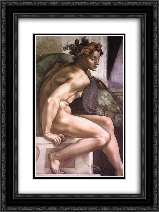 Ignudo 18x24 Black Ornate Wood Framed Art Print Poster with Double Matting by Michelangelo