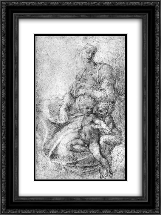 Madonna, Child and St.John the Baptist 18x24 Black Ornate Wood Framed Art Print Poster with Double Matting by Michelangelo