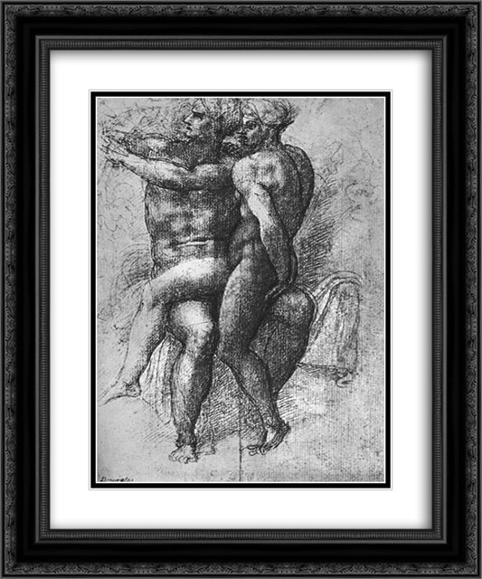 Nude female seated on the knees of a seated male nude Adam and Eve 20x24 Black Ornate Wood Framed Art Print Poster with Double Matting by Michelangelo