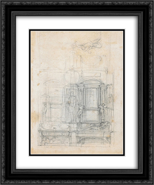 Studies for a double tomb wall 20x24 Black Ornate Wood Framed Art Print Poster with Double Matting by Michelangelo