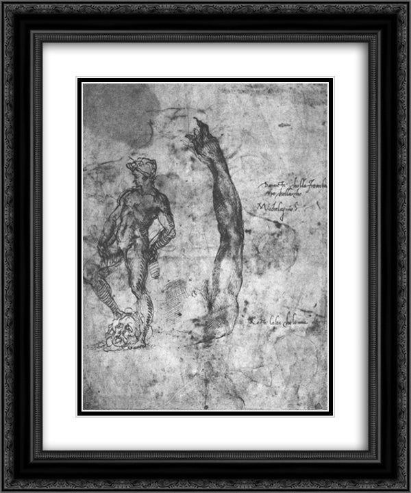 Study for an arm of the marble David and the figure of the bronze David 20x24 Black Ornate Wood Framed Art Print Poster with Double Matting by Michelangelo