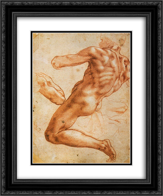 Study for an ignudo 20x24 Black Ornate Wood Framed Art Print Poster with Double Matting by Michelangelo