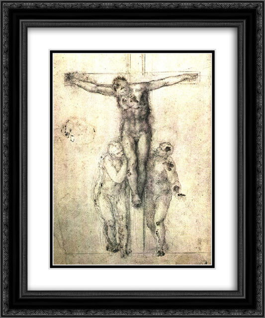 Study of Christ on the Cross between the Virgin and St. John the Evangelist 20x24 Black Ornate Wood Framed Art Print Poster with Double Matting by Michelangelo