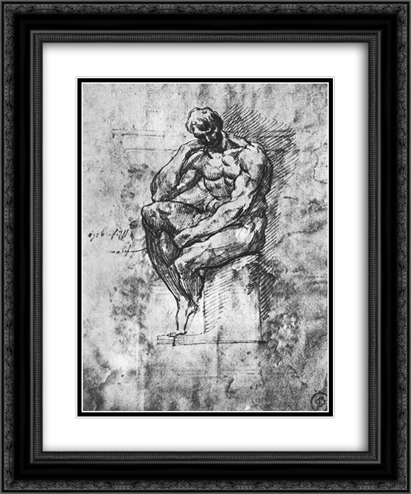 Study of nude man 20x24 Black Ornate Wood Framed Art Print Poster with Double Matting by Michelangelo